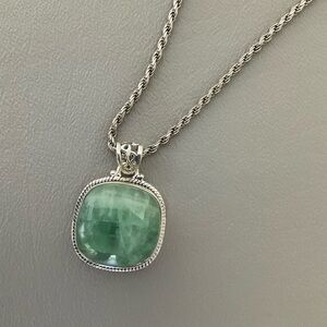 Green Fluorite Pendant. Large Square Stone Set In Sterling Silver.